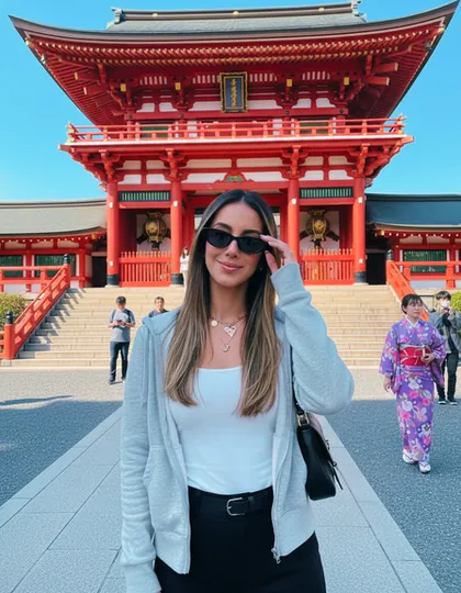 Juliana em frente a um templo japonês vermelho.